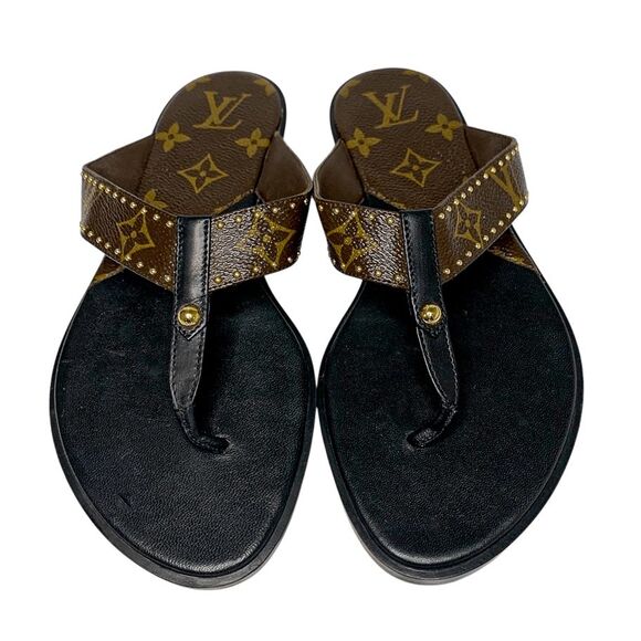Louis Vuitton Sunny Flat Thong Sandals EU 37 Brown Monogram Logo Flip Flop Slide - Picture 2 of 9